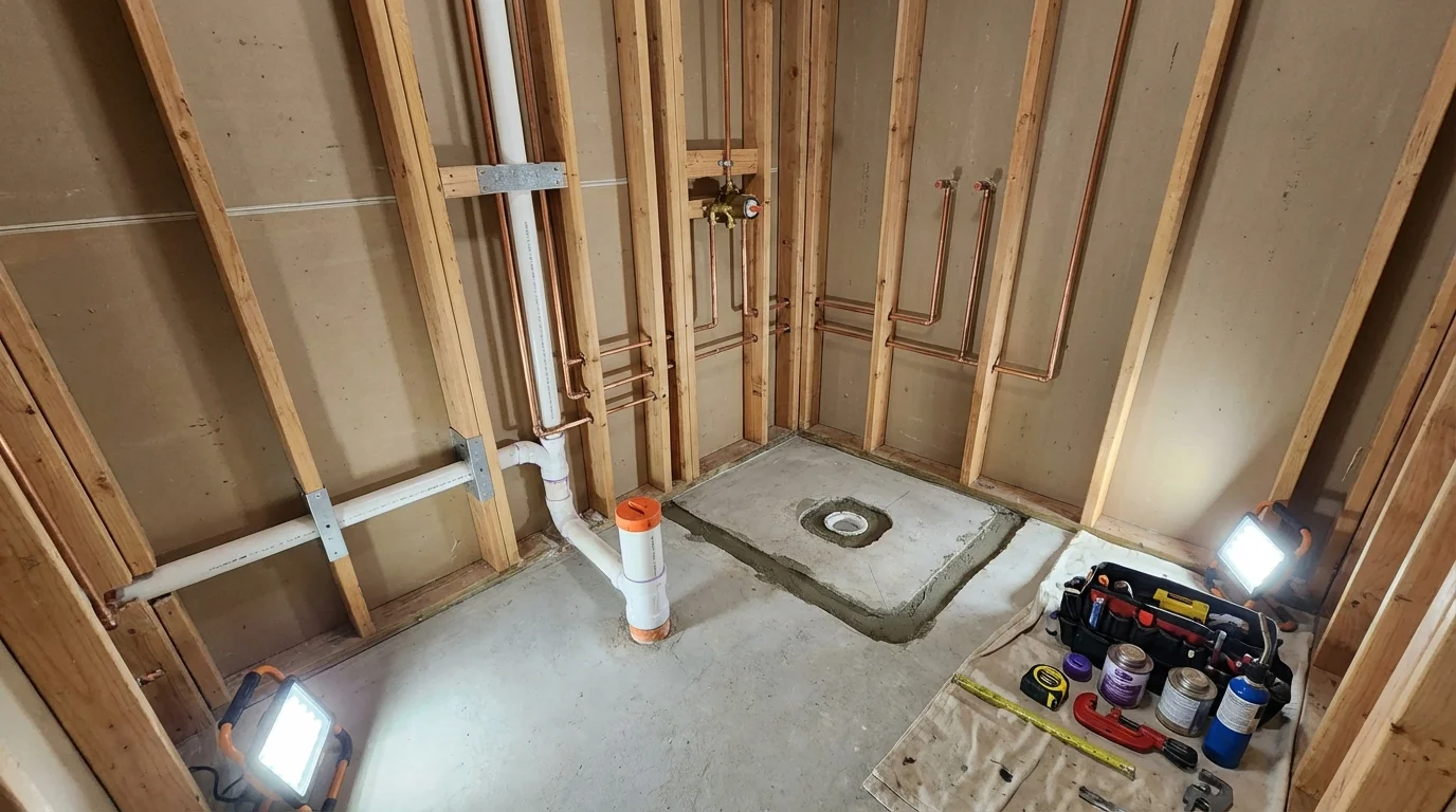 Bathroom rough-in plumbing during remodel by Johns Plumbing LLC in Wyandotte