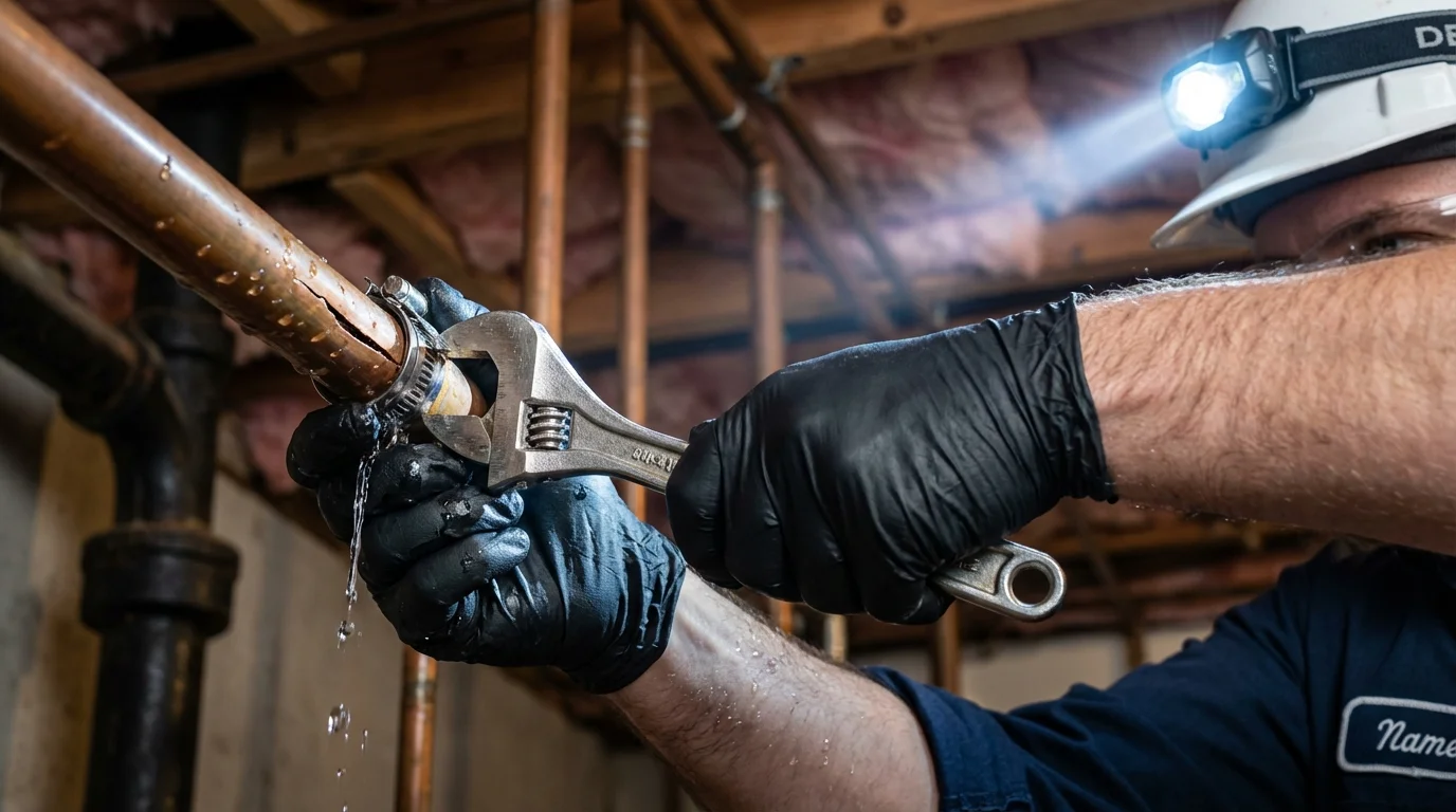 Emergency pipe clamp repair being performed by a Johns Plumbing LLC plumber in Wyandotte