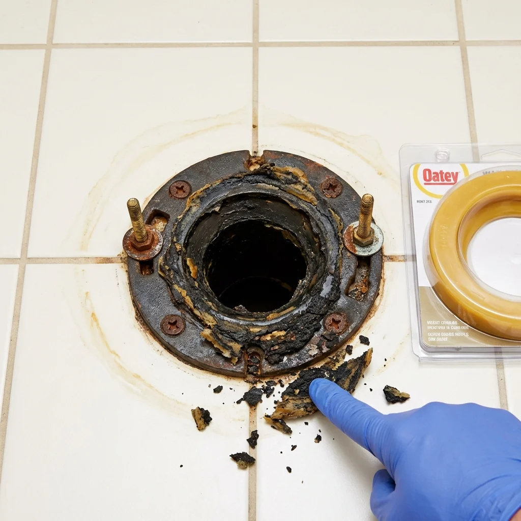 Failed wax ring showing water seepage at the base of a toilet in a Wyandotte, MI home