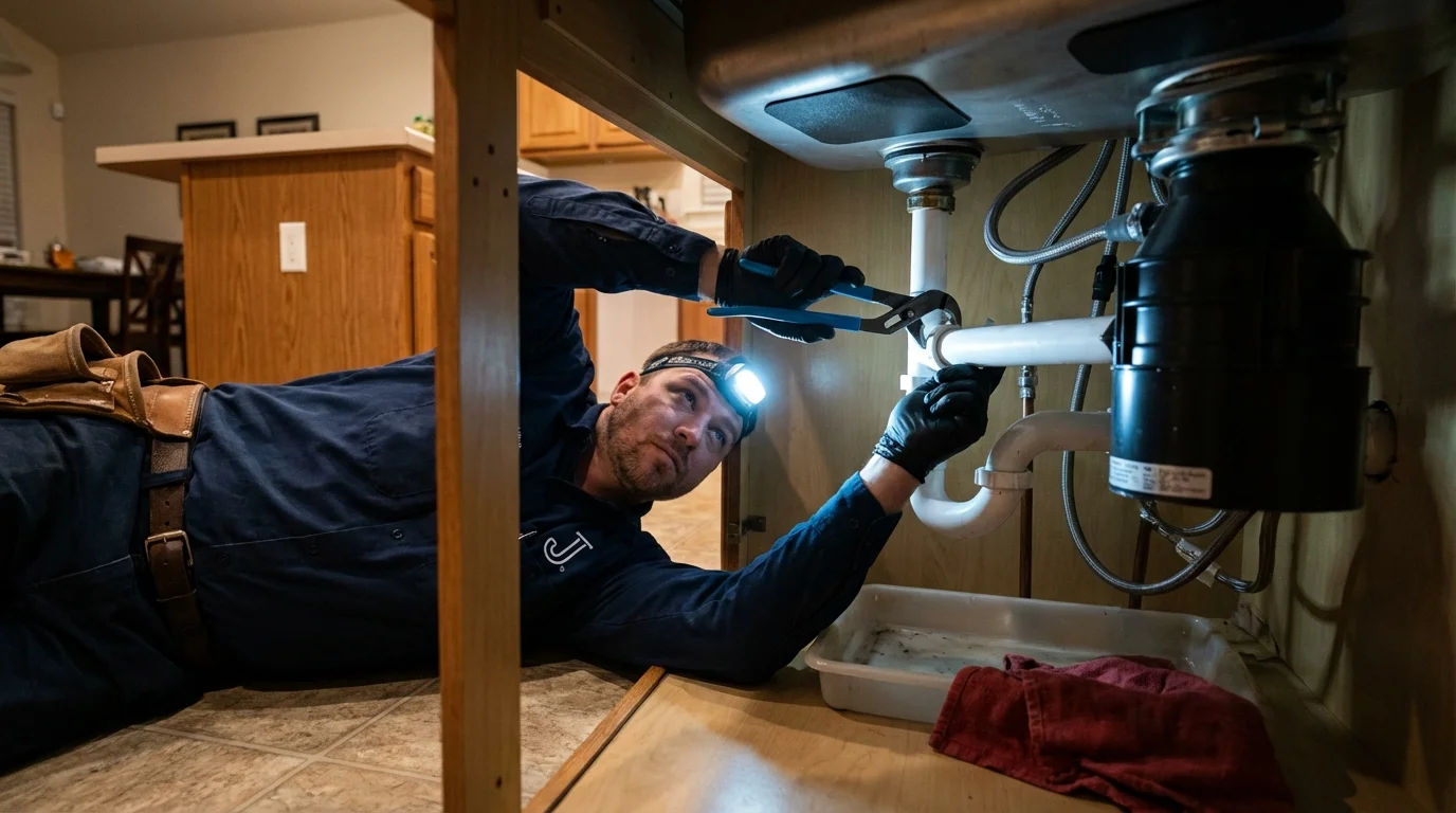 P-trap and supply line connections under a kitchen sink showing a common leak point in Wyandotte, MI